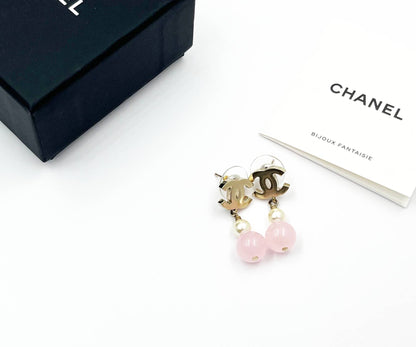 CHANEL Gold CC Pearl Pink Bead Dangle Piercing Earrings