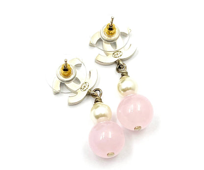 CHANEL Gold CC Pearl Pink Bead Dangle Piercing Earrings