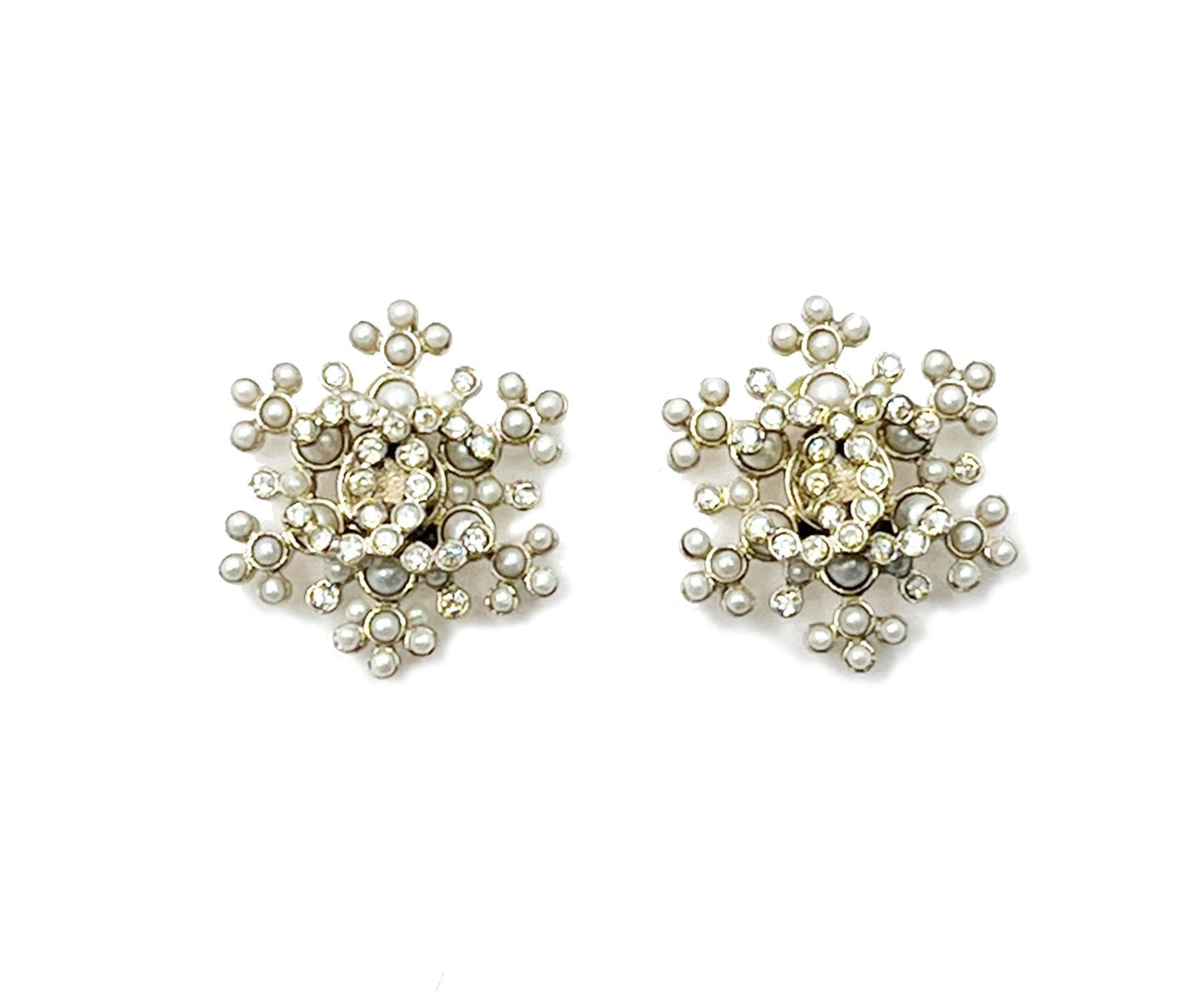 CHANEL Gold CC Seed Pearl Snowflake Piercing Earrings