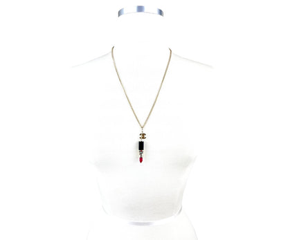 CHANEL Rare Vintage Gold Plated CC Large Red Lipstick Pendant Necklace