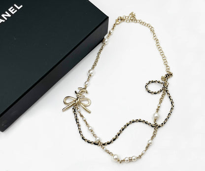 CHANEL Light Gold CC Ribbon Bow Pearl Leather Chain Short Necklace