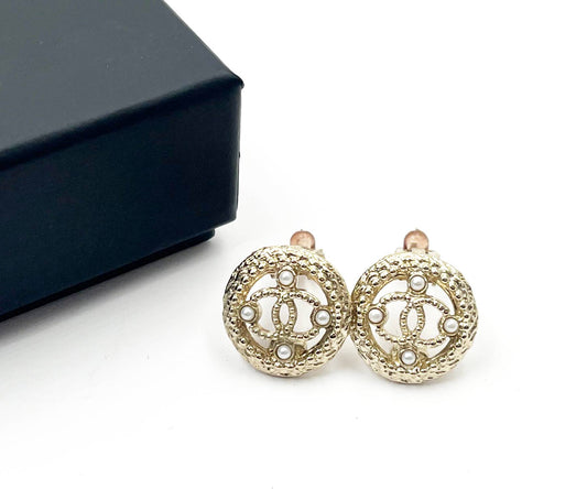 CHANEL Gold CC Round Pearl Clip on Earrings