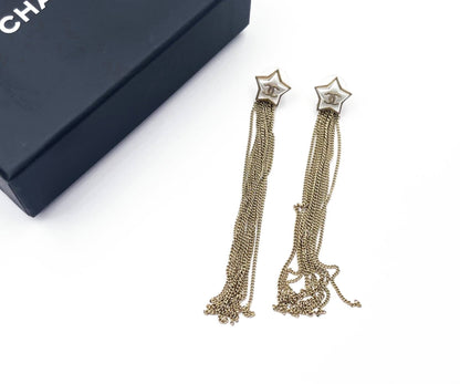 CHANEL Gold CC White Shooting Star Gold Chain Tassel Long Dangle Piercing Earrings