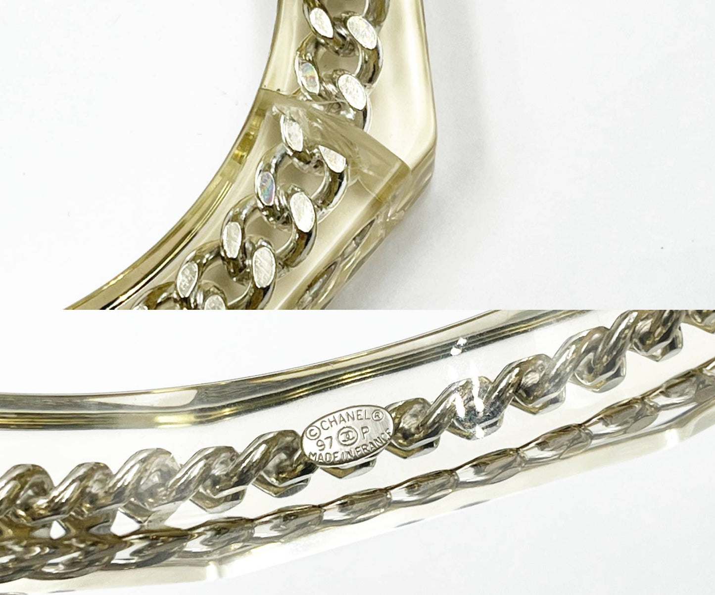 CHANEL Gold Silver Chain Resin Cuff Bangle Bracelet