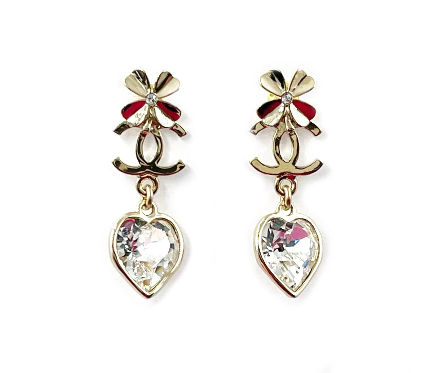 CHANEL Brand New Gold CC Clover CC Heart Crystal Dangle Piercing Earrings