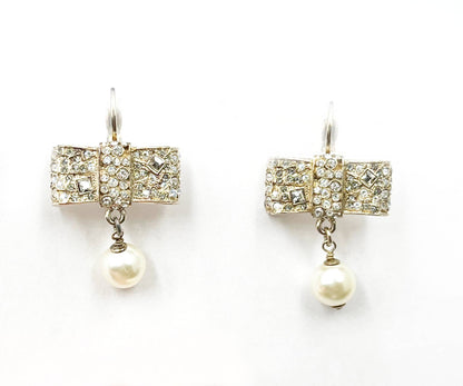 CHANEL Gold CC Ribbon Bow Round Princess Crystal Pearl Dangle Lever Back Earrings