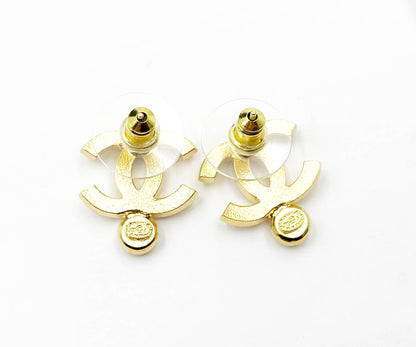 CHANEL Brand New Gold CC Crystal Bottom Crystal Piercing Earrings