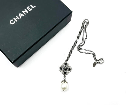 CHANEL Gunmetal CC Black Bead Filigree Pearl Dangle Necklace