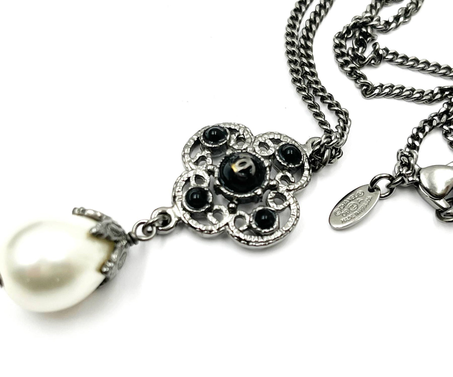 CHANEL Gunmetal CC Black Bead Filigree Pearl Dangle Necklace