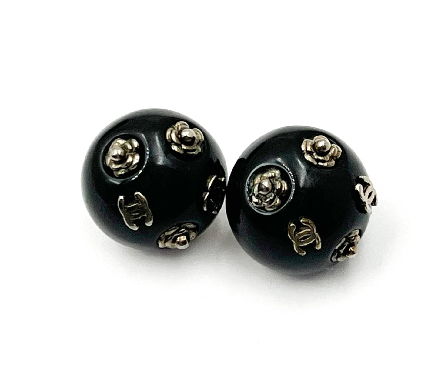 CHANEL Silver CC Flower Black Dome Clip on Earrings