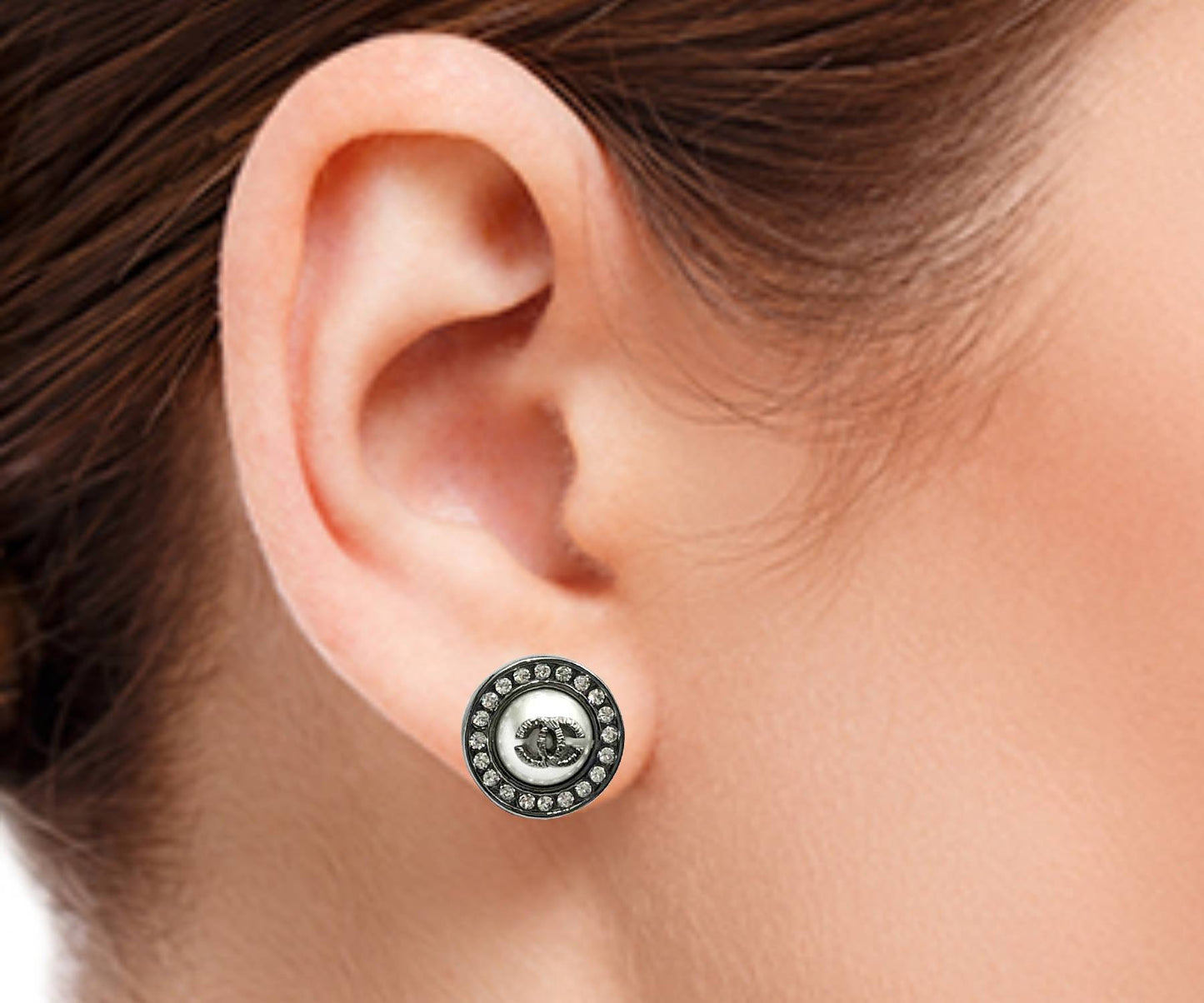 CHANEL Gunmetal CC Pearl Crystal Round Piercing Earrings