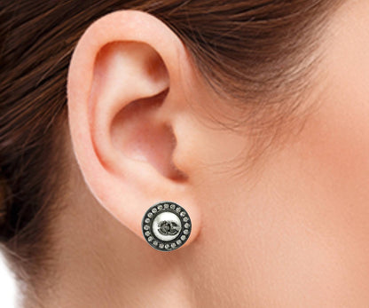 CHANEL Gunmetal CC Pearl Crystal Round Piercing Earrings