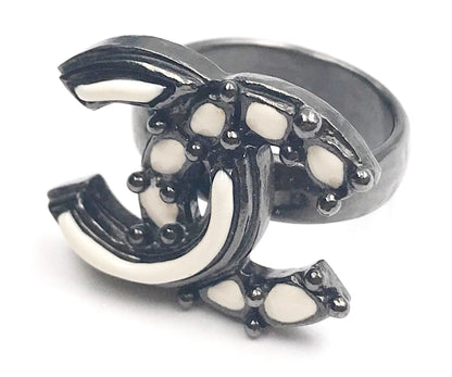 CHANEL Off White Pop up Enamel Gunmetal CC Ring