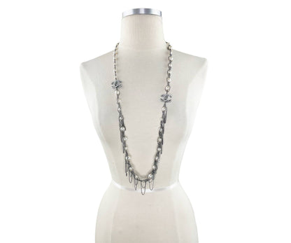 CHANEL Gunmetal Pearl Dangling Chain Long Necklace