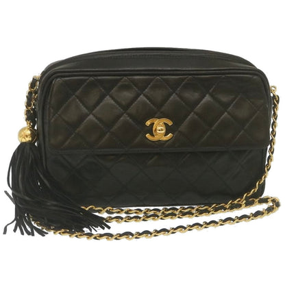 CHANEL Matelasse Chain Shoulder Bag Lamb Skin Fringe Black Gold CC   hs691A