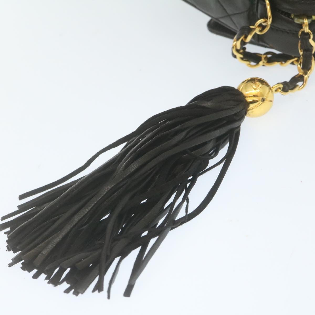 CHANEL Matelasse Chain Shoulder Bag Lamb Skin Fringe Black Gold CC   hs691A