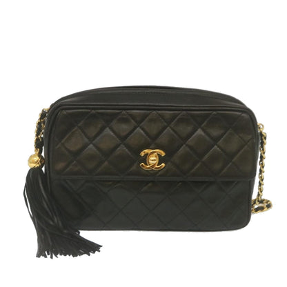 CHANEL Matelasse Chain Shoulder Bag Lamb Skin Fringe Black Gold CC   hs691A