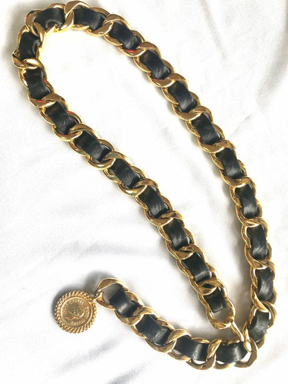 CHANEL Vintage black leather thick chain belt with golden mademoiselle and CC charm