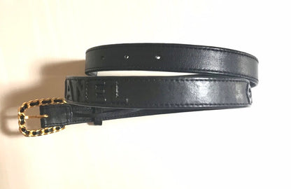 CHANEL Vintage black skinny belt with golden chain buckle and logo stitch