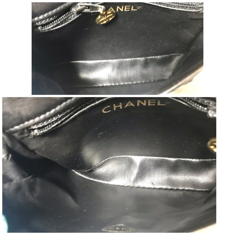 CHANEL Vintage black leather waist purse, fanny pack with golden chain belt and CC closure hock