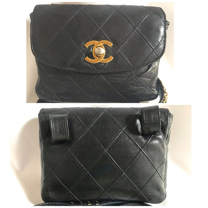 CHANEL Vintage black leather waist purse, fanny pack with golden chain belt and CC closure hock