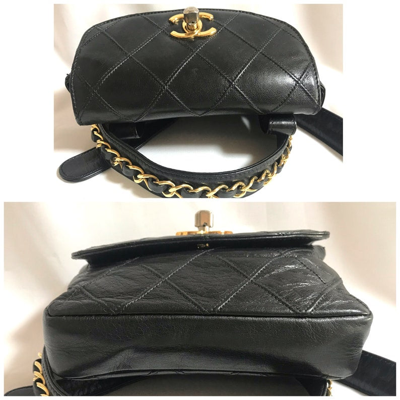 CHANEL Vintage black leather waist purse, fanny pack with golden chain belt and CC closure hock