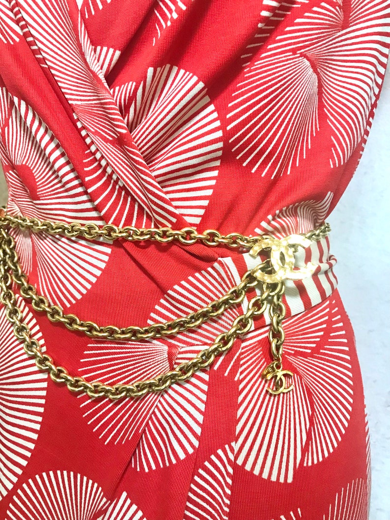 CHANEL Vintage gold chain belt with triple layer chains and two large CC mark charms at sides