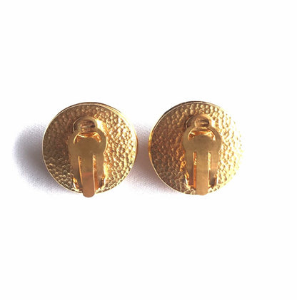 CHANEL Vintage gold tone round earrings with faux pearl and logo on it