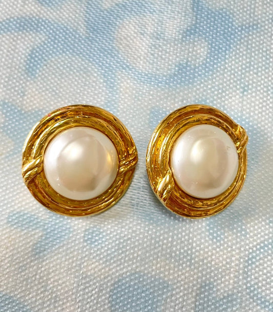 CHANEL Vintage gold tone large round earrings with faux pearl