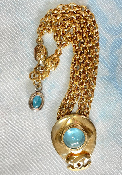 CHANEL Vintage statement necklace with gripoix blue stone and CC mark top