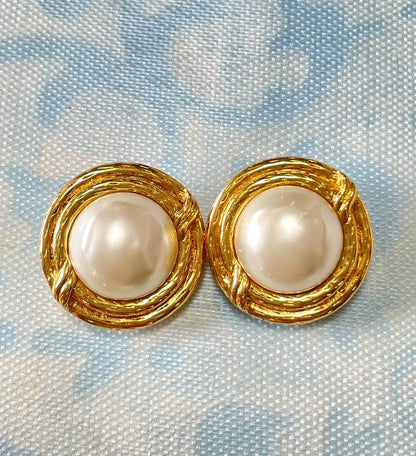 CHANEL Vintage gold tone large round earrings with faux pearl