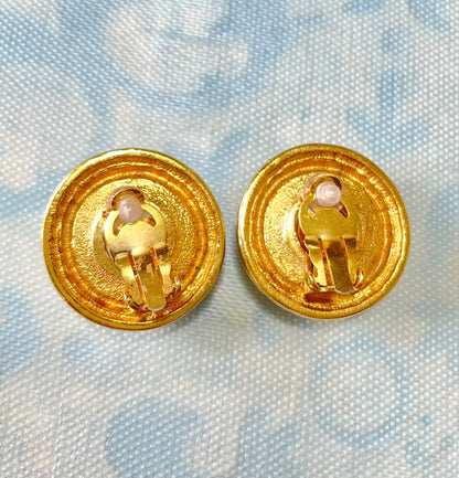 CHANEL Vintage gold tone large round earrings with faux pearl