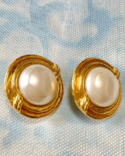 CHANEL Vintage gold tone large round earrings with faux pearl