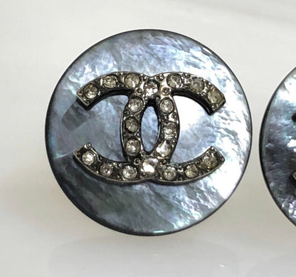 CHANEL Vintage black shell earrings with rhinestone crystal CC motif