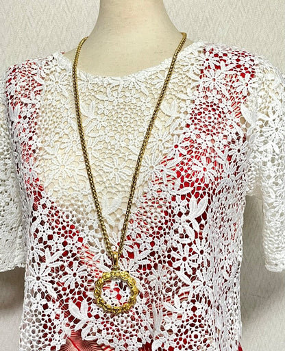 CHANEL Vintage long chain necklace with round glass loupe pendant top and CC motifs