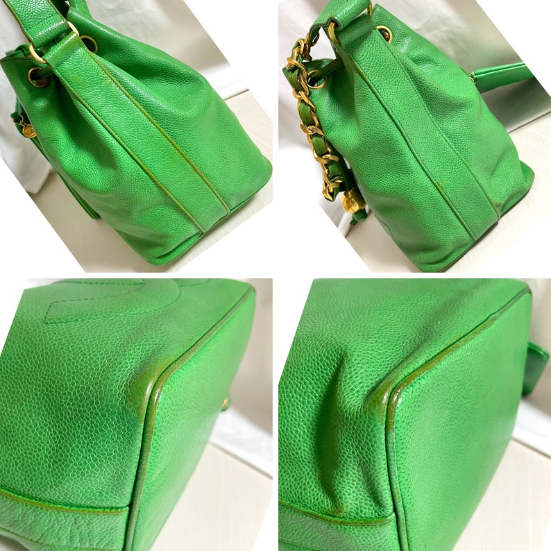 CHANEL Vintage green caviar leather hobo bucket shoulder bag with golden chain strap, drawstrings, and CC stitch mark