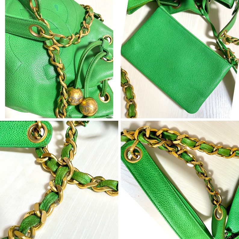 CHANEL Vintage green caviar leather hobo bucket shoulder bag with golden chain strap, drawstrings, and CC stitch mark