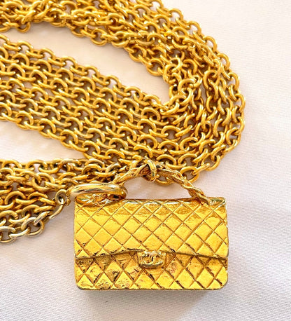 CHANEL Vintage golden triple chain long necklace with classic 2