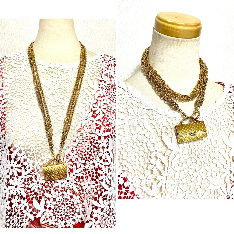 CHANEL Vintage golden triple chain long necklace with classic 2