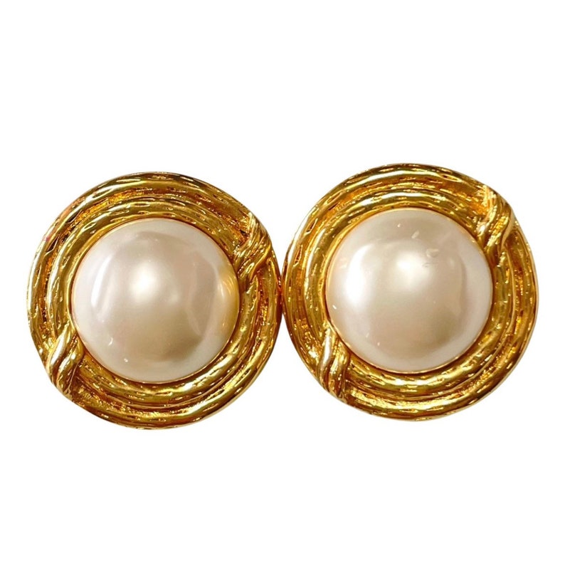 CHANEL Vintage gold tone large round earrings with faux pearl