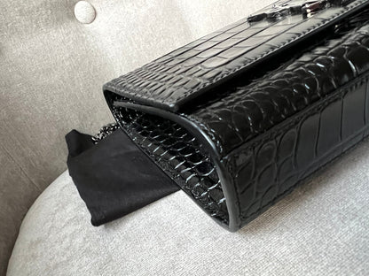 Yves Saint Laurent (YSL) Black Croc Medium Kate with Silver Hardware