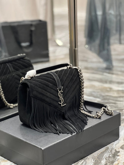 Yves Saint Laurent College Medium Chain Bag In Light Suede With Fringes