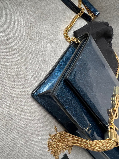 Yves Saint Laurent (YSL) Blue Patent Kate Chain Wallet Gold Hardware