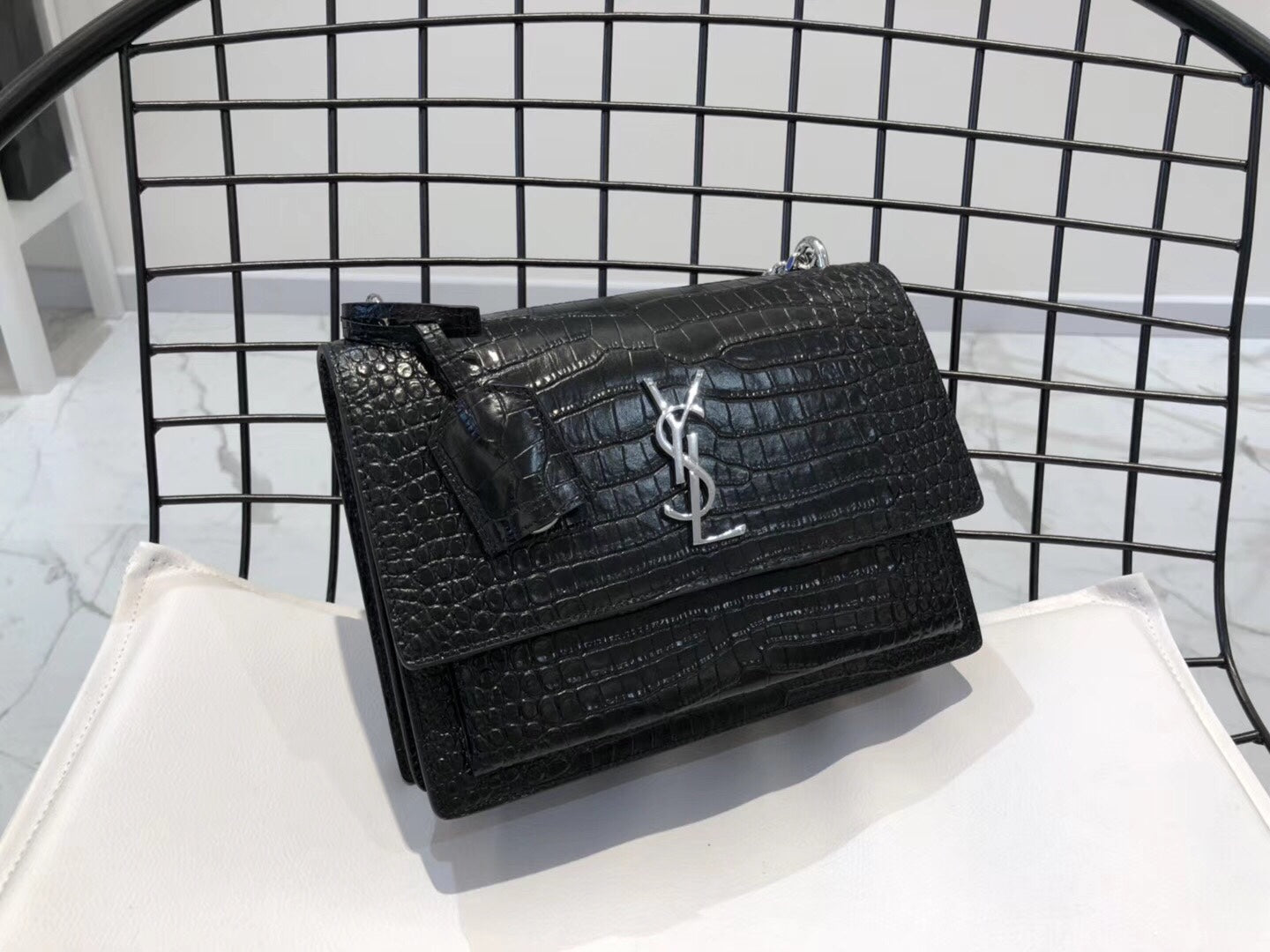 Yves Saint Laurent Medium Sunset In Crocodile Embossed Shiny Leather Bag