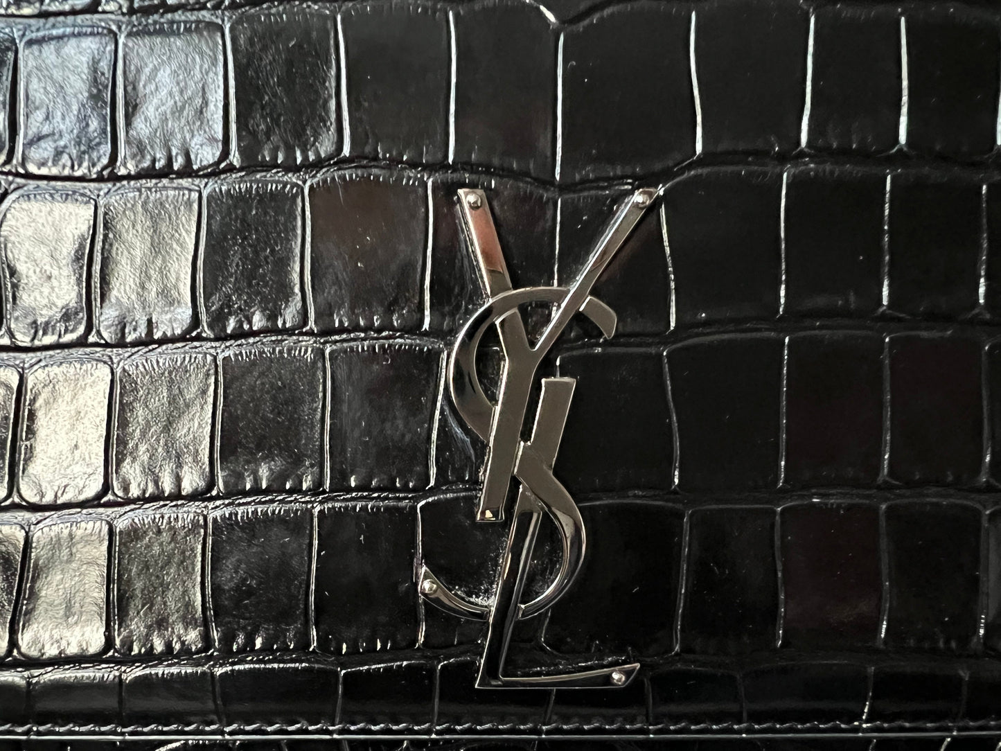 Yves Saint Laurent (YSL) Black Croc Medium Kate with Silver Hardware