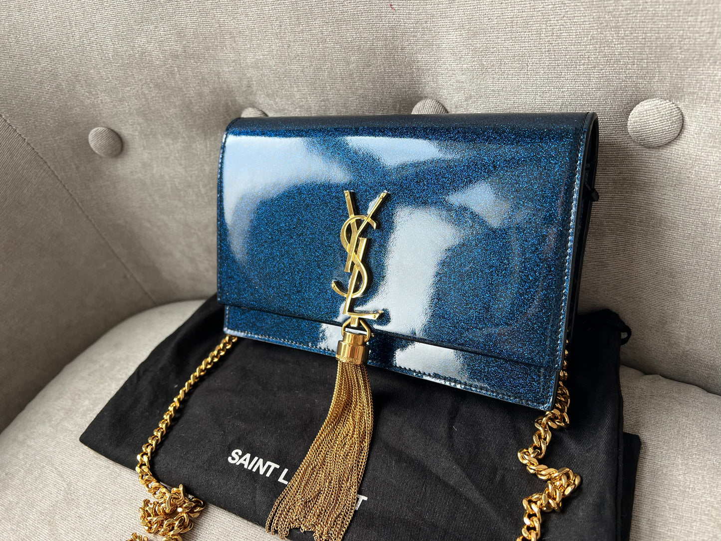 Yves Saint Laurent (YSL) Blue Patent Kate Chain Wallet Gold Hardware