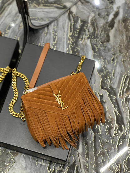 Yves Saint Laurent College Medium Chain Bag In Light Suede With Fringes