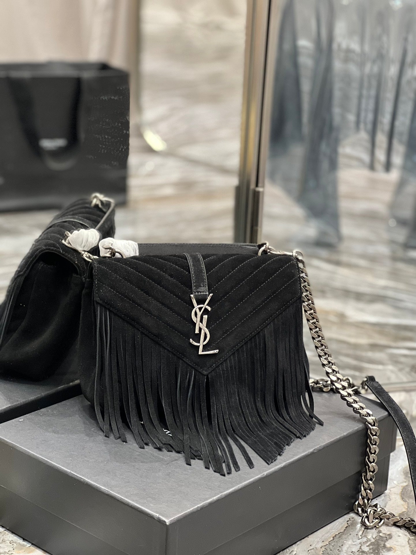 Yves Saint Laurent College Medium Chain Bag In Light Suede With Fringes