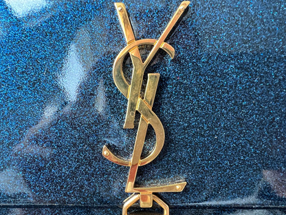 Yves Saint Laurent (YSL) Blue Patent Kate Chain Wallet Gold Hardware