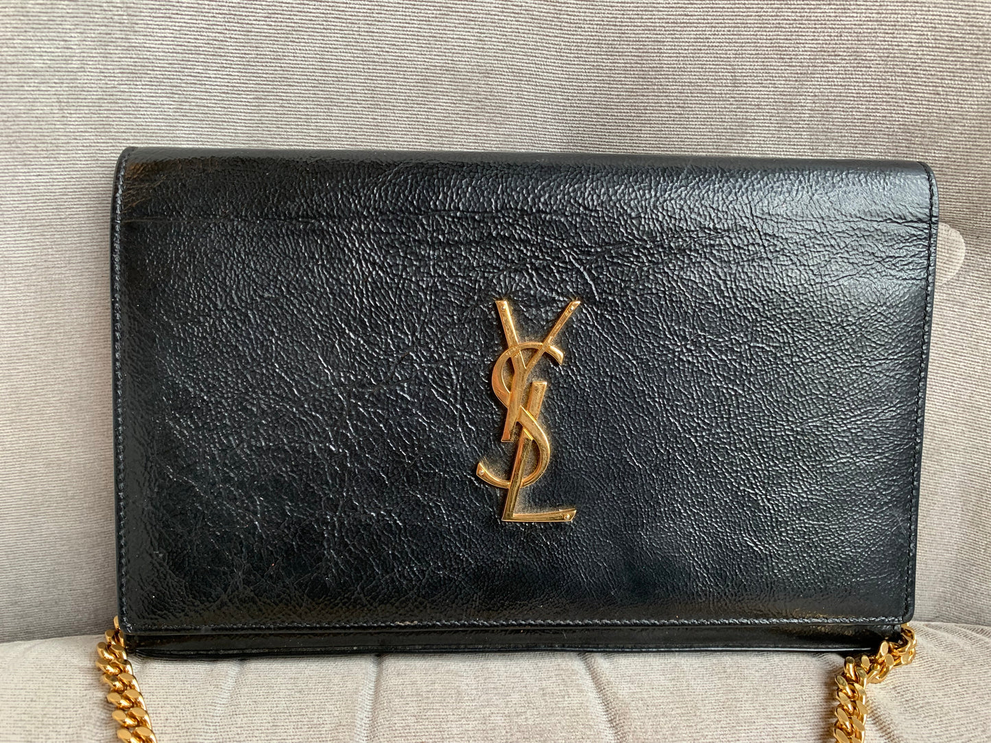 Yves Saint Laurent (YSL) Black Chain Wallet with Gold Hardware